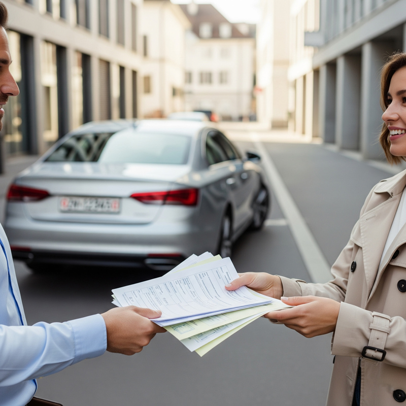 ankauf auto - Verkäufer übergibt Fahrzeugpapiere