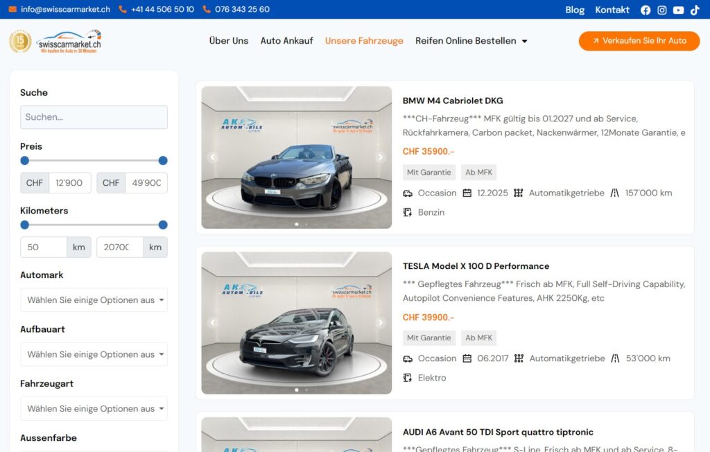 SwissCarMarket – Occasion Autos in der Schweiz mit gültiger und aktueller Motorfahrzeugkontrolle (MFK)
Auf SwissCarMarket finden Sie zahlreiche Occasion Autos in der Schweiz, die bereits eine aktuelle Motorfahrzeugkontrolle (MFK) bestanden haben. Das bedeutet, dass die Fahrzeuge technisch überprüft wurden und sofort fahrbereit sind.
👉 Wenn Sie ein Occasion Auto in der Schweiz mit gültiger MFK suchen, ist SwissCarMarket ein idealer Ausgangspunkt.
Sie können die Fahrzeuginformationen einsehen, den Status der Motorfahrzeugkontrolle überprüfen und das Occasion Auto auswählen, das zu Ihren Bedürfnissen und Ihrem Budget passt.