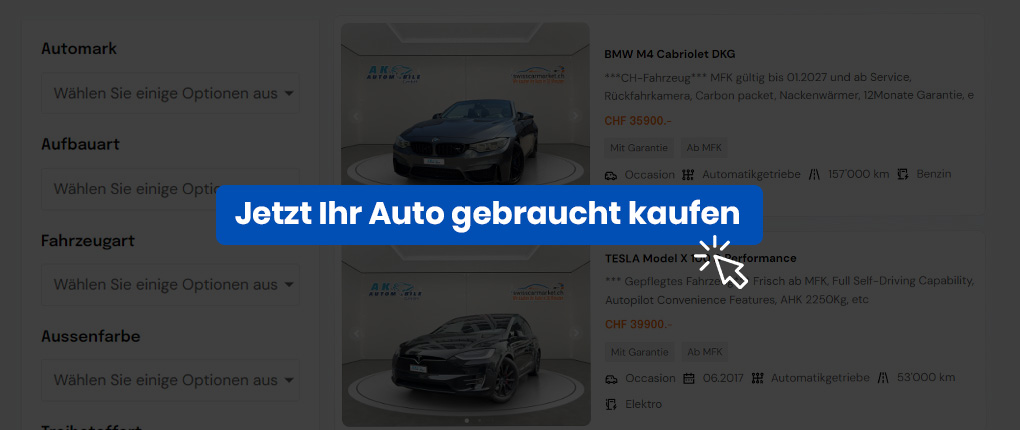 SwissCarMarket Webseite zeigt verfügbare gebrauchte Automatikfahrzeuge zum Kauf in der Schweiz